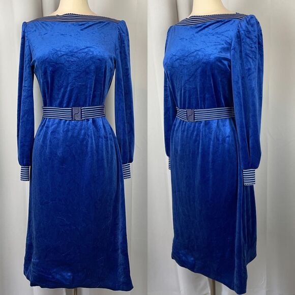 Vintage Cocktail Dress Size 12 Blue Velvet Velour Party Midi Belt Retro 70s 80s - Picture 1 of 14